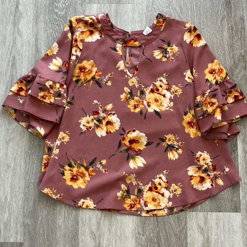 Women's Mauve Floral Ruffle Sleeve Top - Unbranded